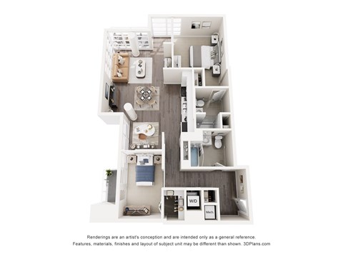 A 3D floor plan of a small apartment with a kitchen, living room, and bathroom.